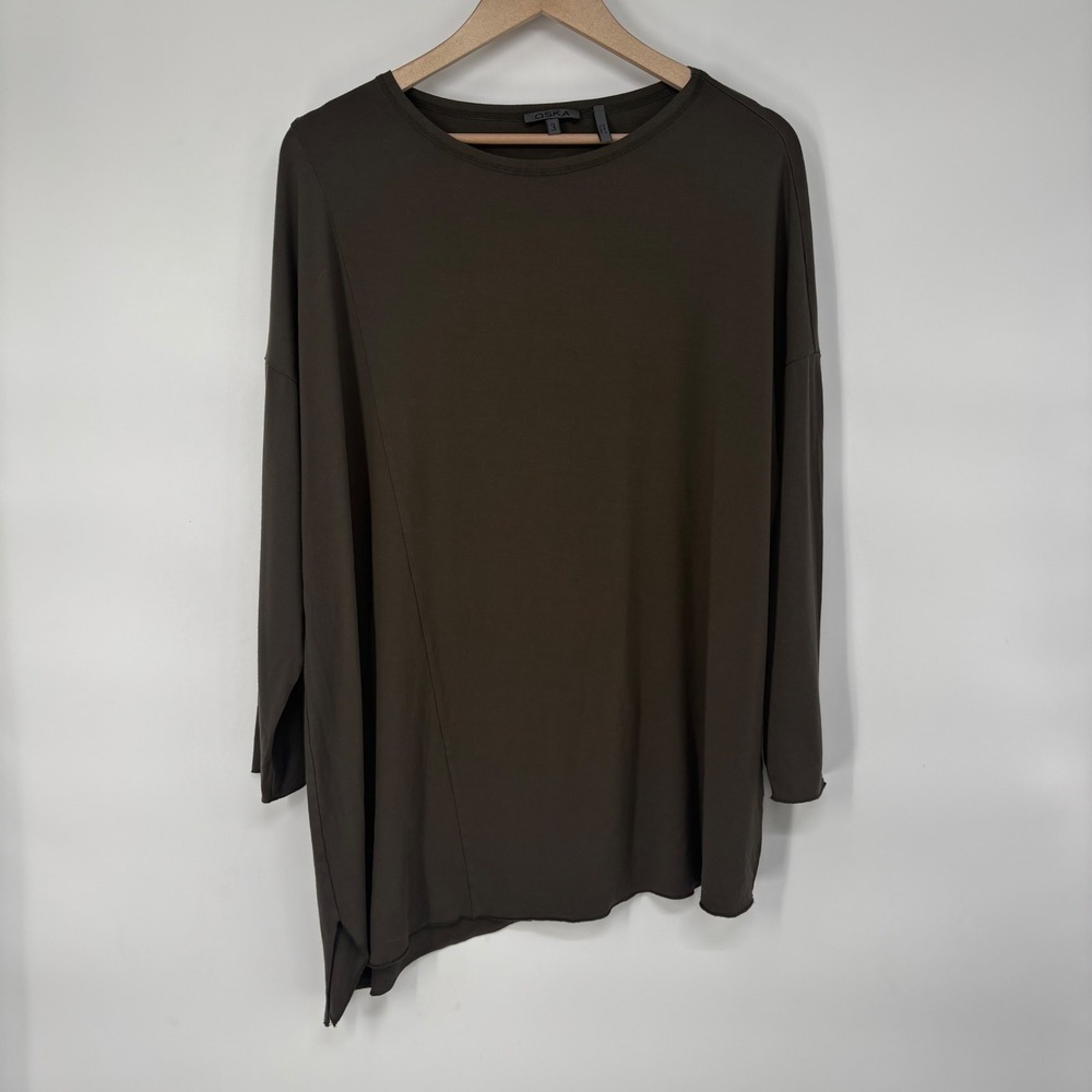Oska Womens Asymmetrical Hem Long Sleeve‎ Tunic Top Olive Brown Size 3 Lagenlook